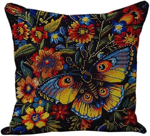 AxiangziK Stickset für Kissen,Bunter Schmetterling in Blumen,Kissenbezug aus 11-fädigem Kreuzstichstoff,handgemachte Handarbeit,Heimdekoration,45x45cm von AxiangziK