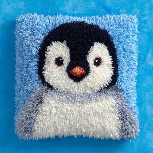 AxiangziK Süße Tiere Latch Hook Kits Cushion Cover,Cartoon-Pinguin,Latch Hook Embroidery for Adults and Beginners Pillow Case Sofa Cushion Cover Craft Kits,17x17in von AxiangziK