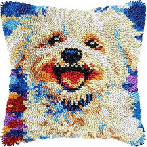 AxiangziK Tier Hund Knüpfkissen Zum Selber Knüpfen,Farbiger Bichon Frisé,DIY Kissen Kissenbezug Kreuzstich Latch Hook Kit Handwerk Handarbeiten Erwachsene Kinder Kunsthandwerk,17x17in von AxiangziK
