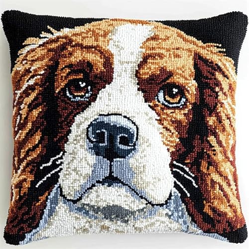 AxiangziK Tier Hund Latch Hook Kissen Kit,Charles Spaniel,Knüpfkissen Set für Anfänger Erwachsene oder Kinder zum Selber Knüpfen,DIY Knüpfteppich Knüpfpackung,17x17in von AxiangziK