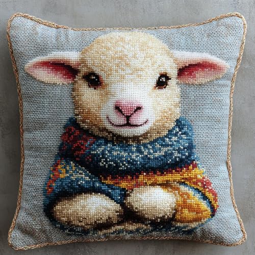 AxiangziK Tier Kissenbezug Knüpfset,Ein Lamm mit Kleidung,Knüpfkissen Set,DIY Knüpfteppich Knüpfpackung,Latch Hook Kits für Kinder und Erwachsene,17x17in von AxiangziK
