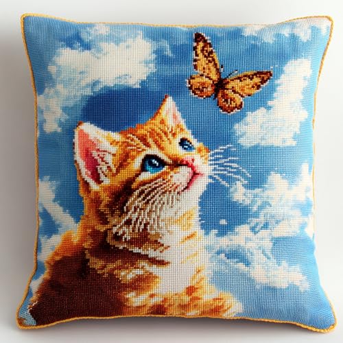 AxiangziK Tier Kissenbezug Knüpfset,Eine Katze und ein Schmetterling,Knüpfkissen Set,DIY Knüpfteppich Knüpfpackung,Latch Hook Kits für Kinder und Erwachsene,17x17in von AxiangziK