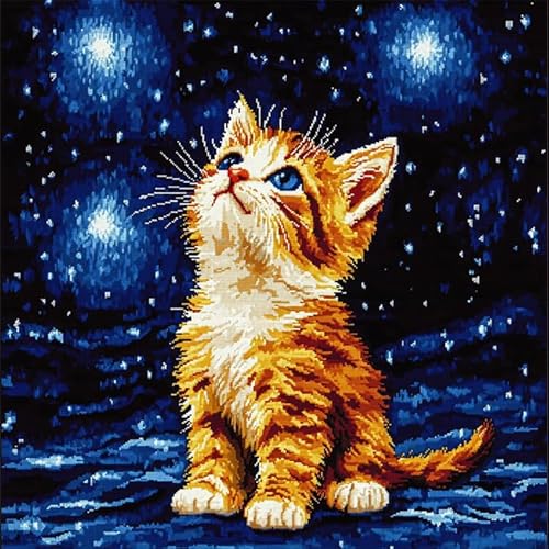 AxiangziK Tier Kissenbezug Knüpfset,Eine süße Katze, die in den Sternenhimmel blickt,Knüpfkissen Set,DIY Knüpfteppich Knüpfpackung,Latch Hook Kits für Kinder und Erwachsene,17x17in von AxiangziK