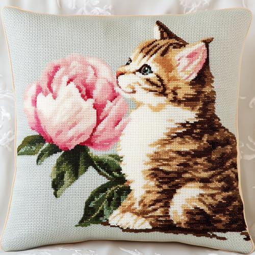 AxiangziK Tier Knüpfen Set Knüpfhaken-Sets,Eine Katze küsst eine Pfingstrose,Diy-Knüpfhaken,Knüpfhaken-Stickset,Häkel-Handarbeiten,Basteln Mit Knüpfhaken-Werkzeug,17x17in von AxiangziK