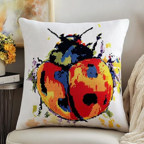 AxiangziK Tier Knüpfhaken Kissen Kits für Erwachsene,Farbiger Marienkäfer,DIY Knüpfteppich Zum Selber Knüpf-Sets Stickerei Set,Häkellein Vorgedrucktes Geschenk,17x17in von AxiangziK