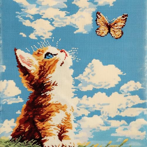 AxiangziK Tier Knüpfhaken Kissen Kits für Kinder,Eine Katze und ein Schmetterling,DIY Knüpfteppich Zum Selber Knüpf-Sets Kissenbezug Teppich Stickerei Set,Latch Hook Kits,17x17in von AxiangziK