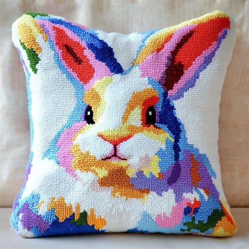 AxiangziK Tier Knüpfhaken Kissen Kits für Kinder,Farbiger Hase,DIY Knüpfteppich Zum Selber Knüpf-Sets Kissenbezug Teppich Stickerei Set,Latch Hook Kits,17x17in von AxiangziK