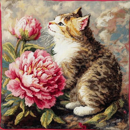 AxiangziK Tier Knüpfhaken-Set Kissenbezug,Eine Katze küsst eine Pfingstrose,Knüpfteppiche Set Kissen Knüpfen Latch Hook Kit Handgemachte Geschenke Für Kinder Und Erwachsene,17x17in von AxiangziK
