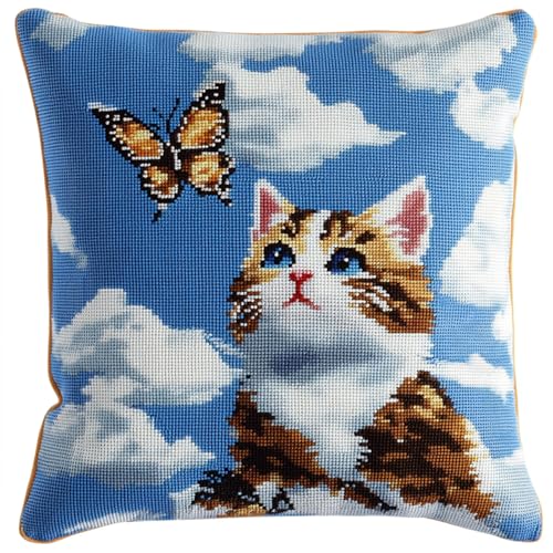 AxiangziK Tier Knüpfkissen Set,Eine Katze und ein Schmetterling,3D Sofakissenbezug DIY Kissenbezüge Kissenbezug für Heimaccessoire,Handgechte Geschenke Kreuzstich Kreativ Set,17x17in von AxiangziK