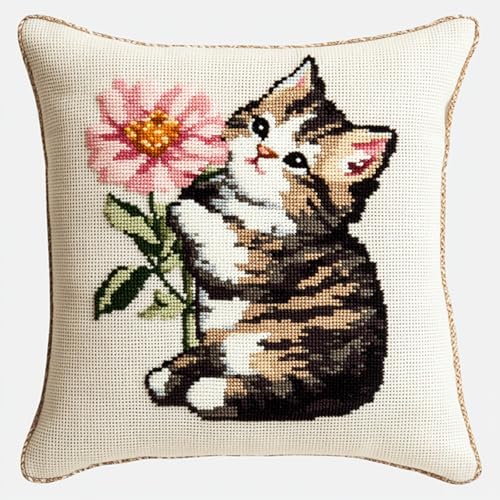 AxiangziK Tier Knüpfkissen Set,Kätzchen küsst Blumen,für Kinder oder Anfänger Erwachsene zum Selber Knüpfen,DIY Knüpfteppich Knüpfpackung,Knüpfhaken Set,17x17in von AxiangziK