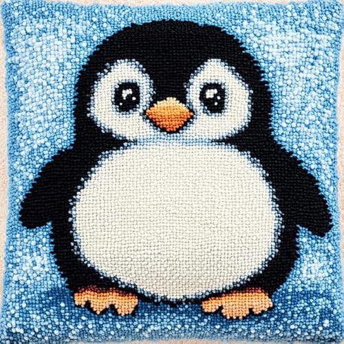 AxiangziK Tier Knüpfkissen Zum Selber Knüpfen,Süßer Pinguin,DIY Kissen Kissenbezug Kreuzstich Latch Hook Kit Handwerk Handarbeiten Erwachsene Kinder Kunsthandwerk,17x17in von AxiangziK
