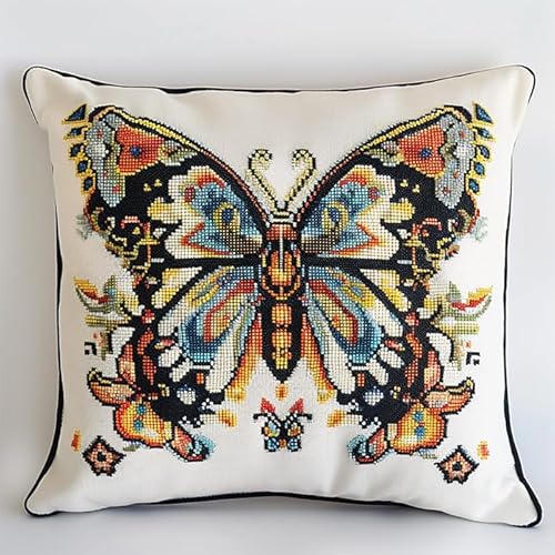 AxiangziK Tier Kreuzstichkissen Set,schöner Schmetterling,Kissenbezug Zum Sticken Kreuzstich Stickkissen mit Muster,11CT Stickset Kreuzstich Kissen,45x45cm von AxiangziK