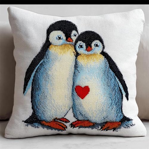 AxiangziK Tier Nadelspitzen-Kissen-Set,Süße Pinguine,Knüpfkissen-Set,DIY-Kissenbezug,Basteln,bedruckte Leinwand für Anfänger,Stickerei,Bastelkissen,17x17in von AxiangziK