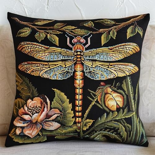 AxiangziK Tier Stickset Kissenhülle Stickset für Anfänger,Libelle und Blumenblätter,Sticken Set Erwachsene Kissenbezug Bastelsets Handstickerei Nähkissenbezug DIY Set,18x18in von AxiangziK