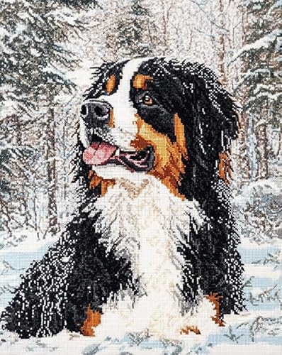 AxiangziK Tierhund Cross Stitch Embroidery Kit Vorbedruckte Kreuzstich-Sets 11CT,Berner Sennenhund Waldschneeszene,Stickerei Kreuzstich-Sets Handstickerei Kunsthandwerk,40x50cm von AxiangziK
