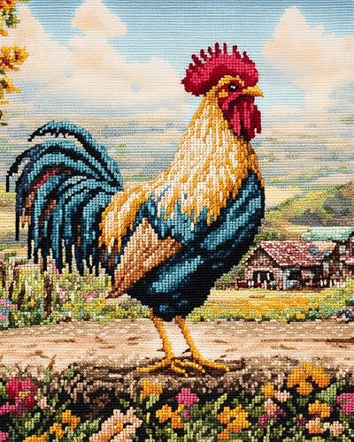 AxiangziK Vorgedrucktes Kreuzstich-Set für Erwachsene und Anfänger bauernhof landschaft tier großer hahn,DIY Stickbilder für Wandkunst-Heimdekoration,16x20in von AxiangziK