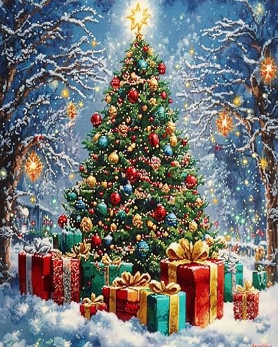 AxiangziK Weihnachten DIY Kreuzstich Stickpackungen Vorgedruckt,Geschenke und Weihnachtsbaum,Sticken Set Erwachsene Kreuzstich Bild,Wandkunst-Heimdekoration,40x50cm von AxiangziK