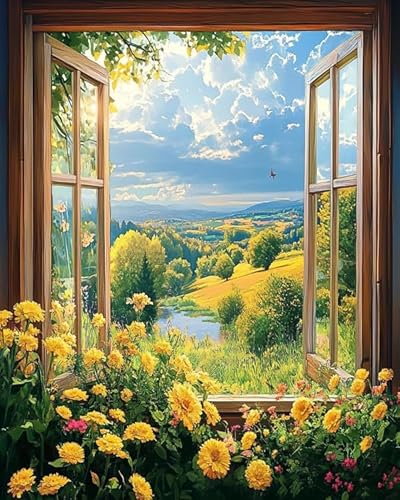 AxiangziK außerhalb des Fensters Vorgedrucktes Kreuzstich-Set für Erwachsene und Anfänger,natürliche Landschaft,DIY Stickbilder für Wandkunst-Heimdekoration,40x50cm von AxiangziK