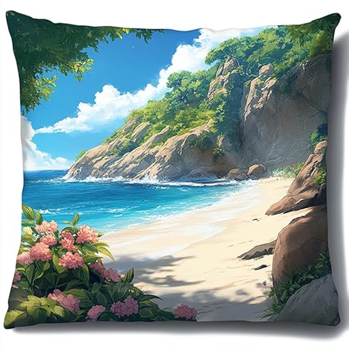 AxiangziK tropische Landschaft Kreuzstich Set Vorgedruckt,Blumen am Strand,Gobelin Stickbilder Kreuzstich Kissen Set Stickkissen Kreuzstichkissen/Stickkissen-Set,18x18in von AxiangziK