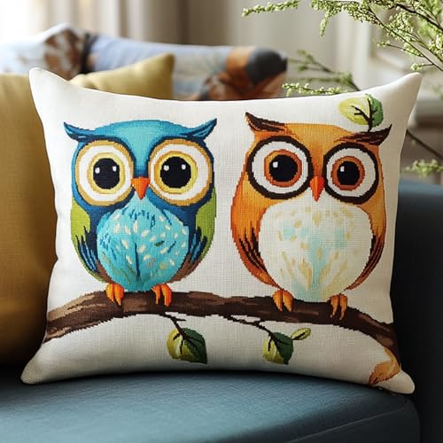 Cartoon-Tiere DIY Knüpfen Set Anfänger,Zwei Eulen mit großen Augen,Knüpfkissen Wurfkissenbezug,Sofakissenbezug Mit Bedruckter Leinwand Für Anfänger Und Erwachsene,17x17in von AxiangziK