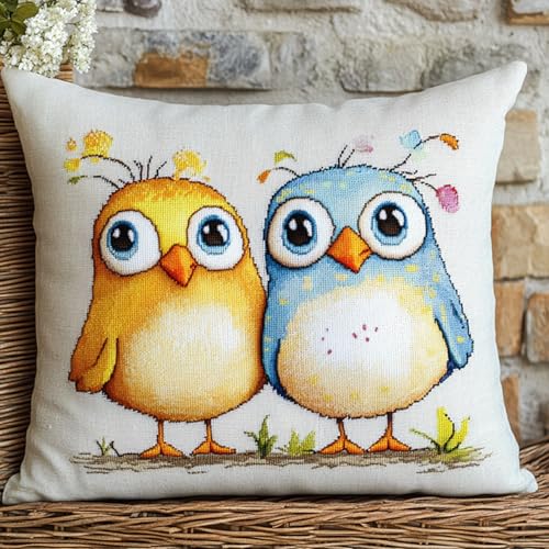 Cartoon-Tiere Knüpfkissen Zum Selber Knüpfen,Zwei Küken mit großen Augen,DIY Kissen Hülle Knüpfset,Kissenbezug Knüpfen Set Kreuzstich für Kinder Erwachsene,17x17in von AxiangziK