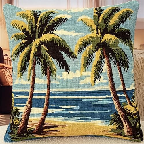 DIY Knüpfen Set Anfänger,Kokosnussbäume am Meer,Knüpfkissen Wurfkissenbezug,Sofakissenbezug Mit Bedruckter Leinwand Für Anfänger Und Erwachsene,17x17in von AxiangziK