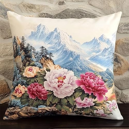 Landschaft Knüpfkissen Zum Selber Knüpfen,Pfingstrosenblüten am Fuße des Berges,DIY Kissen Kissenbezug Kreuzstich Latch Hook Kit Handwerk Handarbeiten Erwachsene Kinder Kunsthandwerk,17x17in von AxiangziK