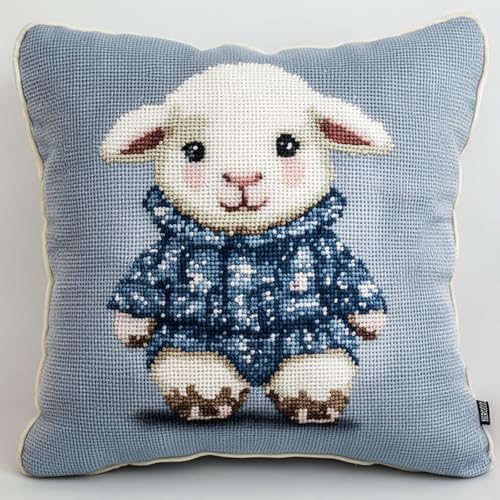 Tier DIY Knüpfen Set Anfänger,Ein Lamm mit Kleidung,Knüpfkissen Wurfkissenbezug,Sofakissenbezug Mit Bedruckter Leinwand Für Anfänger Und Erwachsene,17x17in von AxiangziK