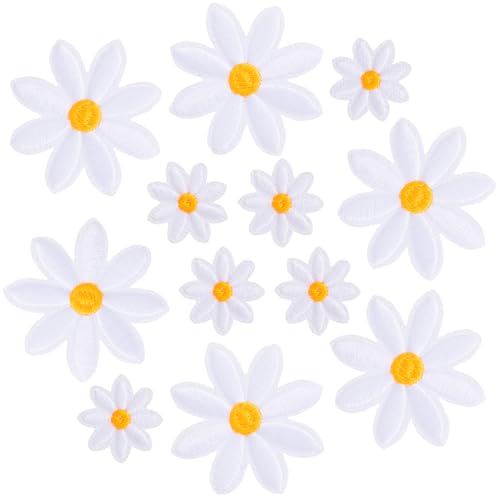 Axicvloes 12 Stück Blumen zum Aufbügeln auf weiße Aufnäher bestickte Applikation Nähen Flicken Gänseblümchen Applikation Patch für Kleidung, Jacken, Jeans, Taschen (2 Größen) von Axicvloes
