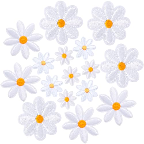 Axicvloes 16 Stück Blumen zum Aufbügeln auf weiße Aufnäher bestickte Applikation Nähen Flicken Gänseblümchen Applikation Patch für Kleidung, Jacken, Jeans, Taschen (4 Stile) von Axicvloes