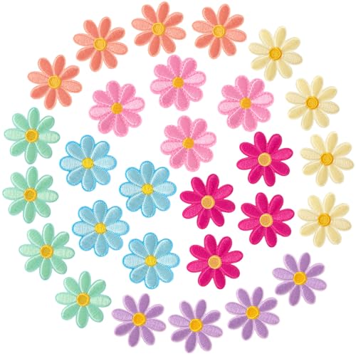 Axicvloes Aufnäher zum Aufbügeln, 4 cm, mehrfarbig, bestickt, Gänseblümchen, Applikation für Kleidung, Jacken, Jeans, Taschen, 28 Stück (7 Farben) von Axicvloes