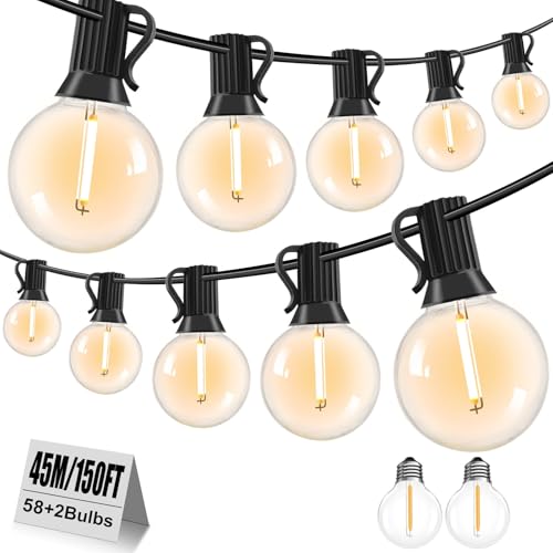 LED Lichterkette Außen - 45M / 150FT Lichterkette Außen Wetterfest mit 58 Warmweiße G40 Glühbirnen, Wasserdicht Innen/Außen Lichterketten für Terrasse Garten Balkon Hochzeiten Partys LED Lichterkette Außen - 45M / 150FT Lichterkette Außen Wetterfest mit 58 Warmweiße G40 Glühbirnen, Wasserdicht Innen/Außen Lichterketten für Terrasse Garten Balkon Hochzeiten Partys von AxiwoIntl