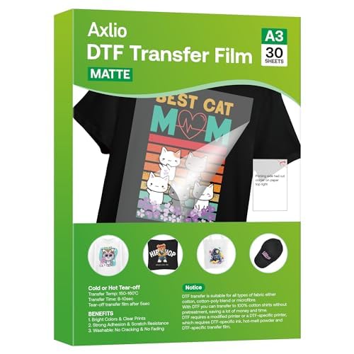 DTF-Transferfolienpapier, A3 (29,7 x 41,9 cm), doppelseitig, matt, transparent, Vorbehandlungsblätter, PET-Wärmetransferpapier für Epson-Tintenstrahldrucker, DTF-Drucker, Direktdruck auf T-Shirts, von Axlio