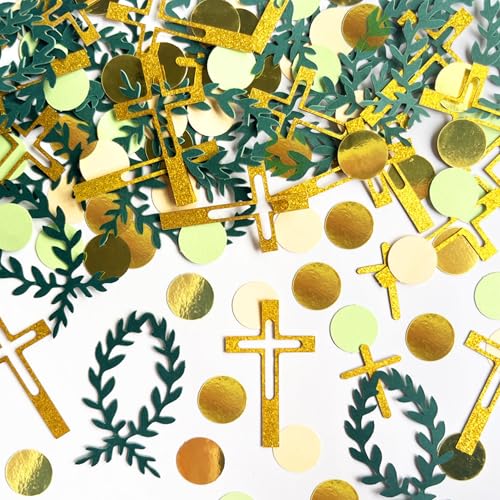 100 Stück Kreuz Konfetti Taufe Tischdeko Grüne Blätter Fisch Confetti für Religion Thema Party Dekorationen Grün Gold von Ayaluck