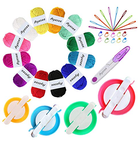 Ayasee Pompom Maker, 4 Größen Pom Pom Maker für Fluff Ball Weaver Needle Craft DIY Wollstrickwerkzeug Set Dekoration + 12PS Acrylgarn + 10PS Strickstichmarker + 10PS Plastiknadeln + 1PS Schere (37a) von Ayasee