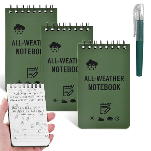 Ayicheyl 3 Stück Wasserdicht Notizbuch Klein, A7 Mini Wasserdichtes Notizblock mit Stift, Pocket Notebook Wasserfestes Spiralbindung Notebook Kleine 50 Blatt für Reisen,Schule,Arbeit (Grün) von Ayicheyl