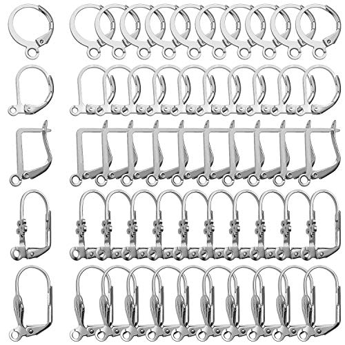 50 Stück silberfarbene hypoallergene französische Ohrringhaken Messing Hebelverschluss Ohrhaken Ohrdraht mit offener Schlaufe für Ohrringdesigns Schmuckherstellung, 5 Stile von Aylifu