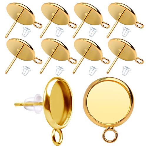 Aylifu 20 Stück Cabochon-Ohrstecker 10 mm Ohrringstecker und 20 Stück transparente Silikon-Ohrringrückseite für Ohrringherstellung (Gold) von Aylifu