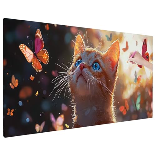 Cat Diamond Painting XXL, 5D Diamant Painting Bilder Schmetterlinge Muster mit Vollbohrer Leinwand, Diamond Art Stickerei Kreuzstich Set, Basteln Erwachsene Mosaikherstellung, Wanddeko 140x60 cm V-26 von Aynaeinn