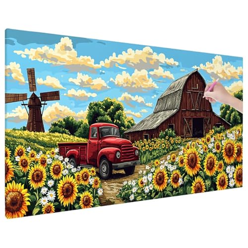 Diamond Painting 110x50 cm, Landscape Diamant Painting Bilder Erwachsene Bastelset, 5D Diamond Paintings Erwachsene Set mit Runde Vollbohrer für Zimmer Decor, Geschenke für Frauen (Sonnenblumen) F-58 von Aynaeinn