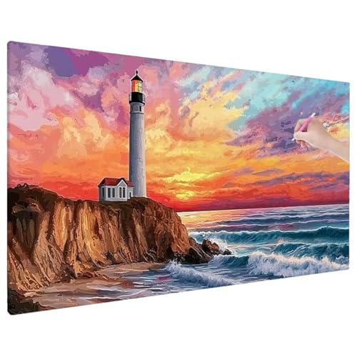 Diamond Painting Leuchtturm, Sonnenuntergang Diamond Painting Erwachsene Groß XXL 140x60 cm, 5D Runde Diamant Stickerei Erwachsene Mosaikherstellung Bastelset, Zimmer Deko Wohnzimmer, Herbstdeko R-21 von Aynaeinn
