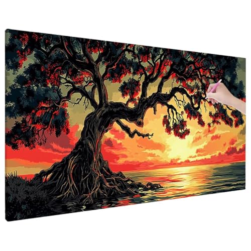 Diamond Painting Sonnenuntergang, Lebensbaum Diamond Painting Erwachsene Groß XXL 70x30 cm, 5D Runde Diamant Stickerei Erwachsene Mosaikherstellung Bastelset, Zimmer Deko Wohnzimmer, Herbstdeko E-88 von Aynaeinn