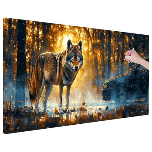 Diamond Painting Wolf, Herbst Diamond Painting Erwachsene Groß XXL 90x40 cm, 5D Runde Vollbohrer Diamant Stickerei Erwachsene Mosaikherstellung Bastelset, Zimmer Deko Wohnzimmer, Weihnachtsgeschen V-1 von Aynaeinn