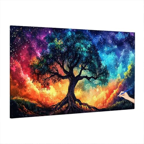Malen Nach Zahlen Baum, Malen Nach Zahlen Erwachsene Starry Night, DIY Set Erwachsene Paint by Numbers, Paint by Numbers mit 3 Pinseln und Acrylfarbe, Ölgemälde Kit Deko Wohnzimmer 220x100cm D-40 von Aynaeinn