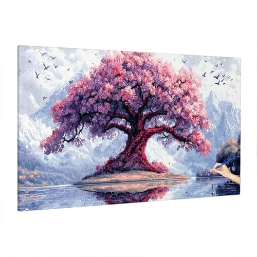 Malen Nach Zahlen Erwachsene Baum, Berge Paint by Numbers Kreativ Set für Erwachsene, DIY Handgemalt Ölgemälde Kit mit 3 Pinseln, Acrylfarbe und Leinwand für Deko Wohnzimmer, Geschenke 220x100cm D-60 von Aynaeinn