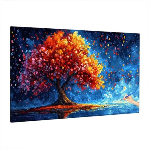 Malen Nach Zahlen Erwachsene Baum, Blumen Paint by Numbers Kreativ Set für Erwachsene, DIY Handgemalt Ölgemälde Kit mit 3 Pinseln, Acrylfarbe und Leinwand für Deko Wohnzimmer, Geschenke 110x50cm D-24 von Aynaeinn