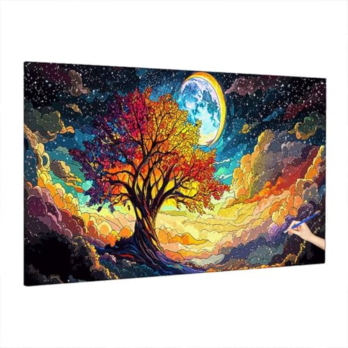 Malen Nach Zahlen Erwachsene Baum, Starry Night Paint by Numbers Kreativ Set für Erwachsene, DIY Handgemalt Ölgemälde Kit mit 3 Pinseln Acrylfarbe Leinwand, Deko Wohnzimmer, Geschenke 220x100cm S-34 von Aynaeinn
