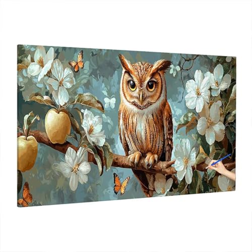 Malen Nach Zahlen Erwachsene Eule, Blumen Paint by Numbers Kreativ Set für Erwachsene, DIY Handgemalt Ölgemälde Kit mit 3 Pinseln, Acrylfarbe und Leinwand für Deko Wohnzimmer, Geschenke 220x100cm D-21 von Aynaeinn