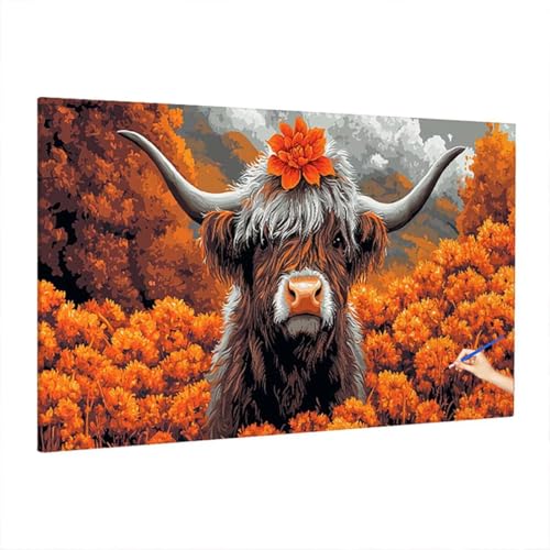 Malen Nach Zahlen Erwachsene Highland Cow, Herbst Paint by Numbers Kreativ Set für Erwachsene, DIY Handgemalt Ölgemälde Kit mit 3 Pinseln Acrylfarbe Leinwand, Deko Wohnzimmer, Geschenke 220x100cm Z-47 von Aynaeinn