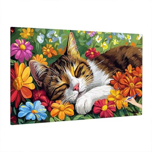 Malen Nach Zahlen Erwachsene Katze, Blumen Paint by Numbers Kreativ Set für Erwachsene, DIY Handgemalt Ölgemälde Kit mit 3 Pinseln, Acrylfarbe und Leinwand, Deko Wohnzimmer, Geschenke 220x100cm D-30 von Aynaeinn